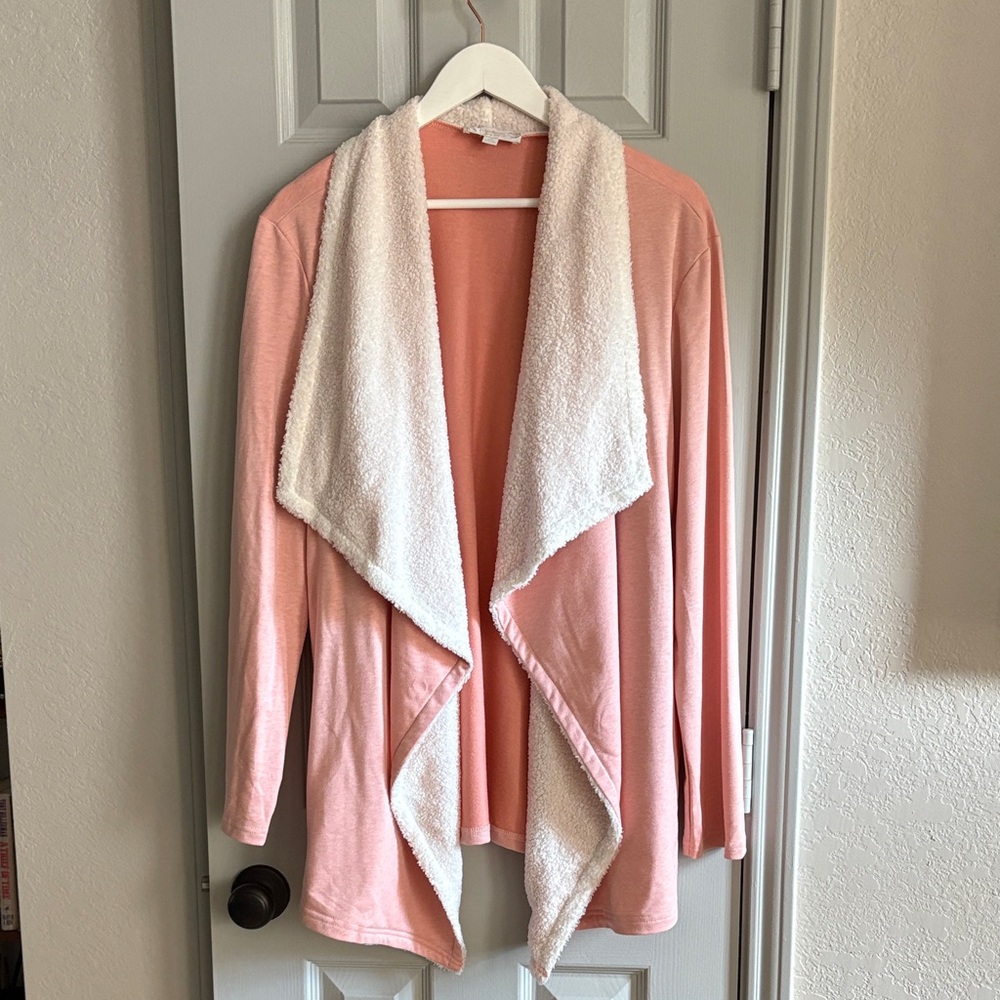 Suzanne Betro Coral Open Front Cardigan with Cream Trim